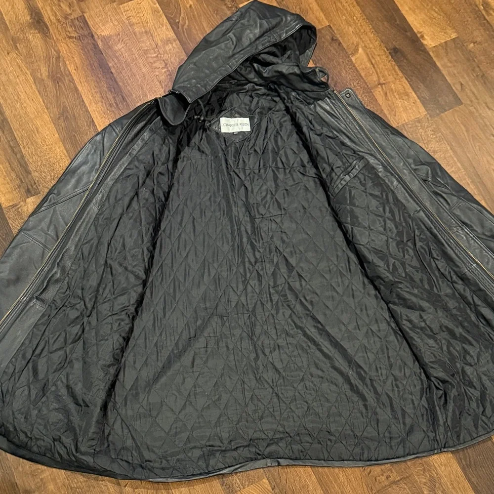 VINTAGE Men's Black Leather Hooded Charles Klein Jacket (2XT)